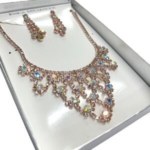Jessica McClintock AB Rhinestone Necklace Earrings Set Bridal Prom Formal Glam